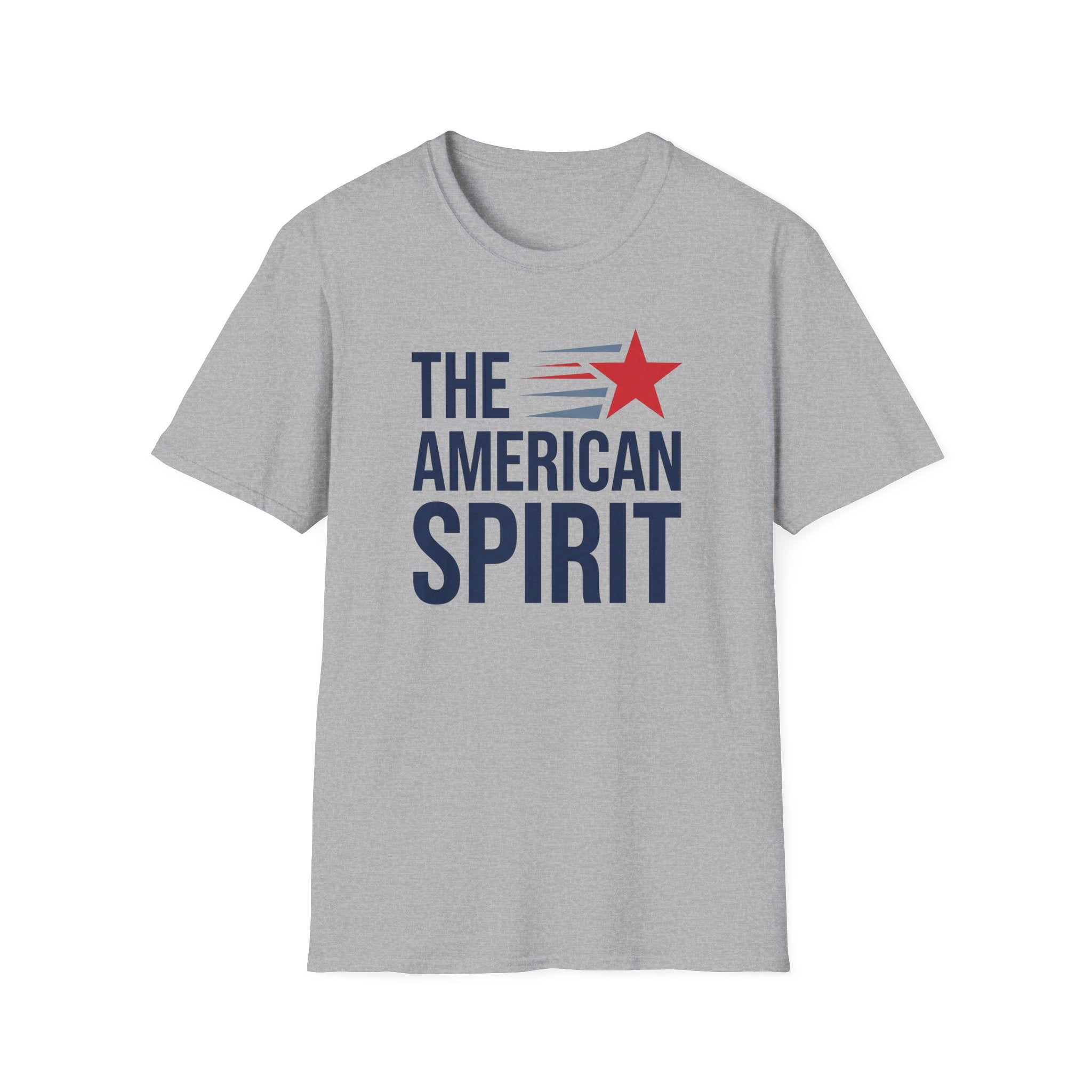 Gray crewneck T-shirt with 'THE AMERICAN SPIRIT' graphic and red star