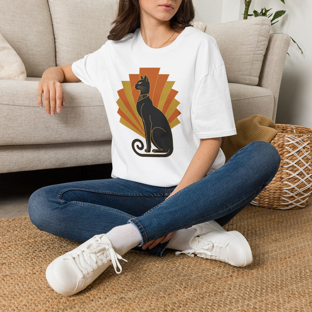White cat graphic T-shirt with orange sunburst, crew neck short sleeves