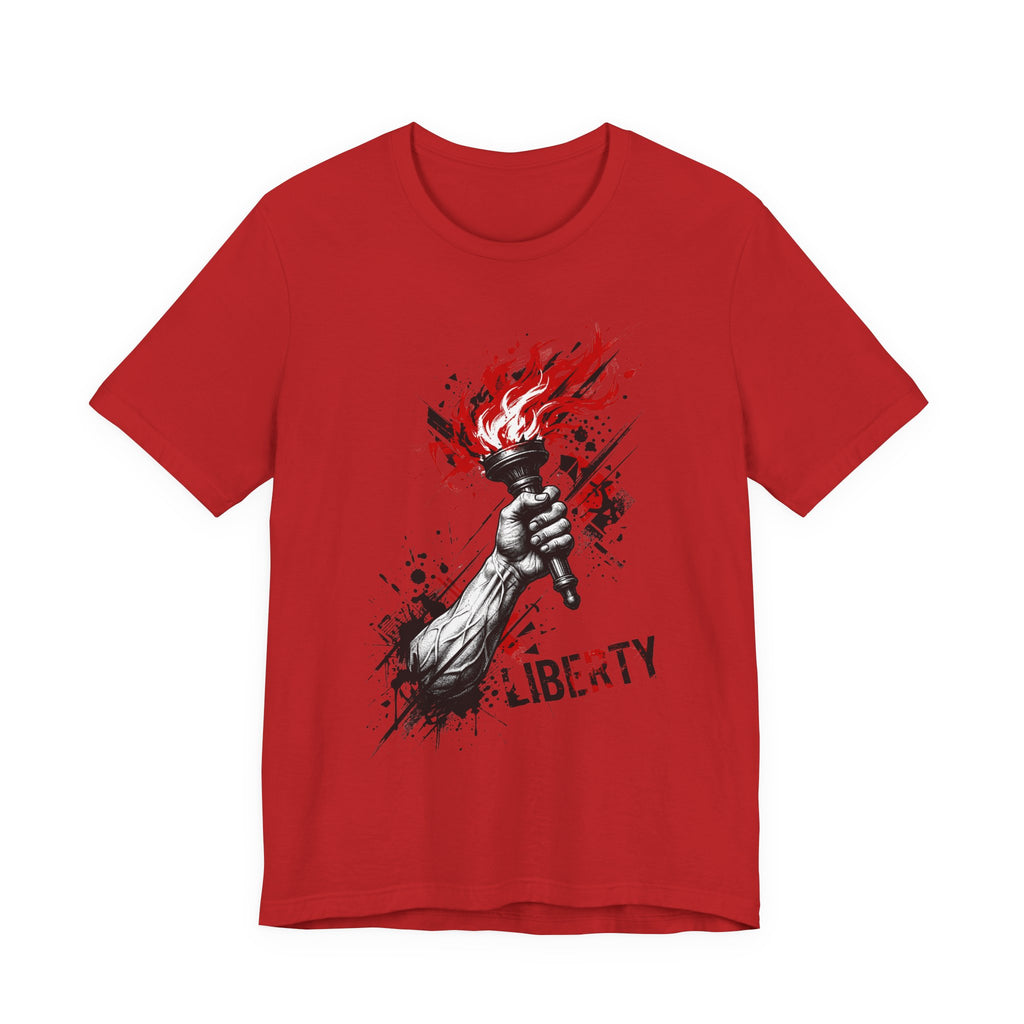 Red Liberty torch graphic t-shirt with red flames and black splatter, front print