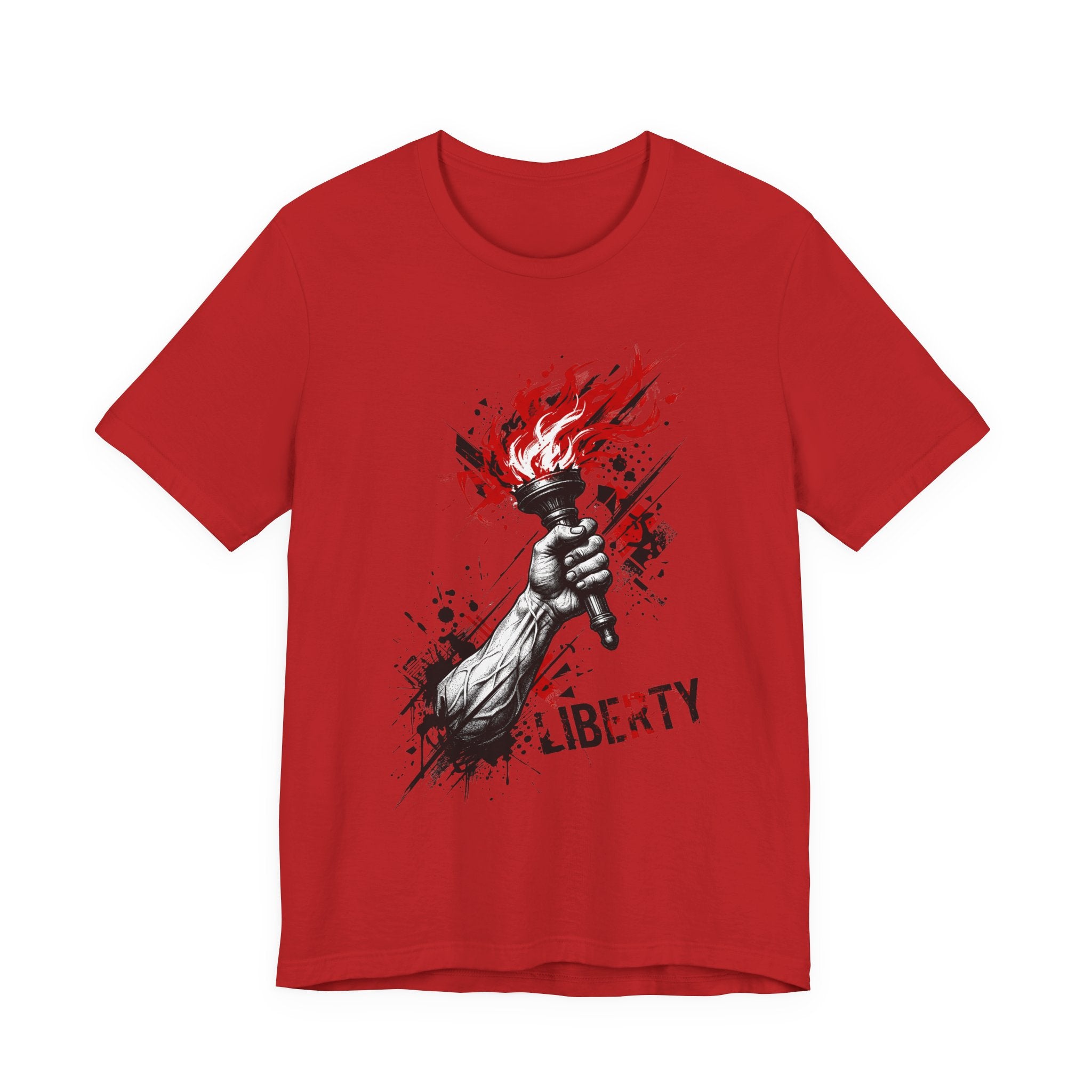 Red Liberty torch graphic t-shirt with red flames and black splatter, front print