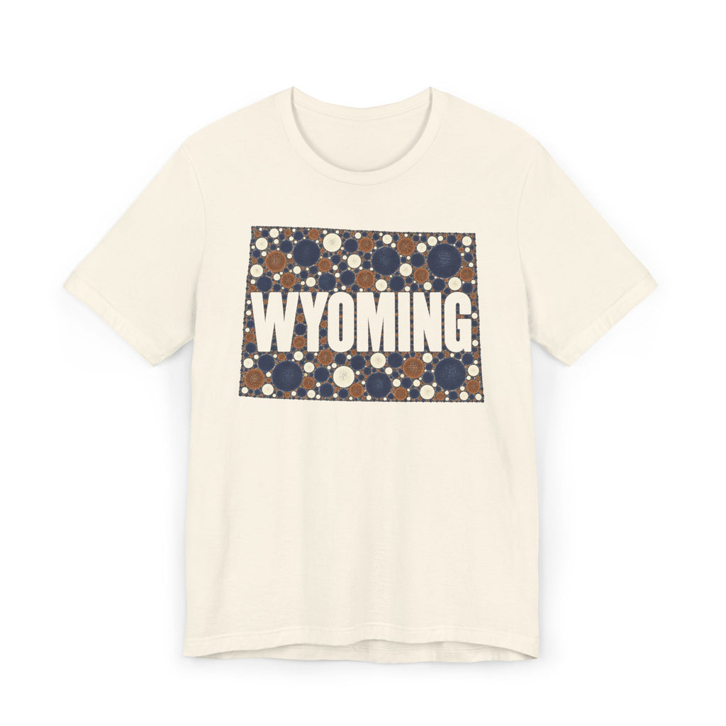 Cream crew-neck T-shirt with Wyoming polka-dot map graphic and WYOMING text