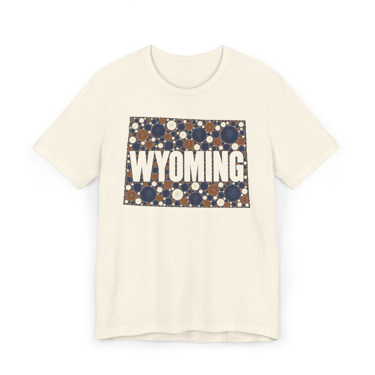Cream crew-neck T-shirt with Wyoming polka-dot map graphic and WYOMING text