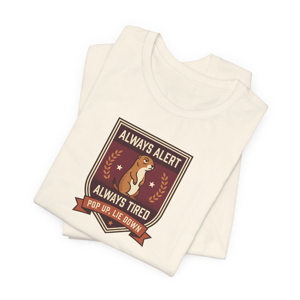 Cream squirrel crest T-shirt with badge graphic front, folded stack