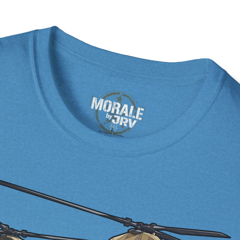 “MORALE by TRV” print at the neckline on light blue T-shirt