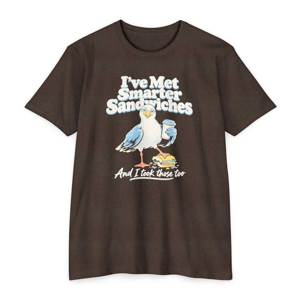 Dark brown crewneck T-shirt with seagull graphic and text “I’ve Met Smarter Sandwiches”
