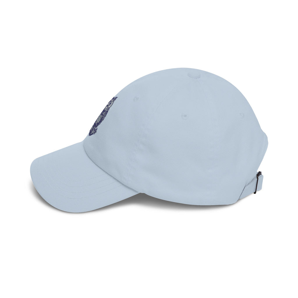 Light blue baseball cap with embroidered owl patch and back strap hardware