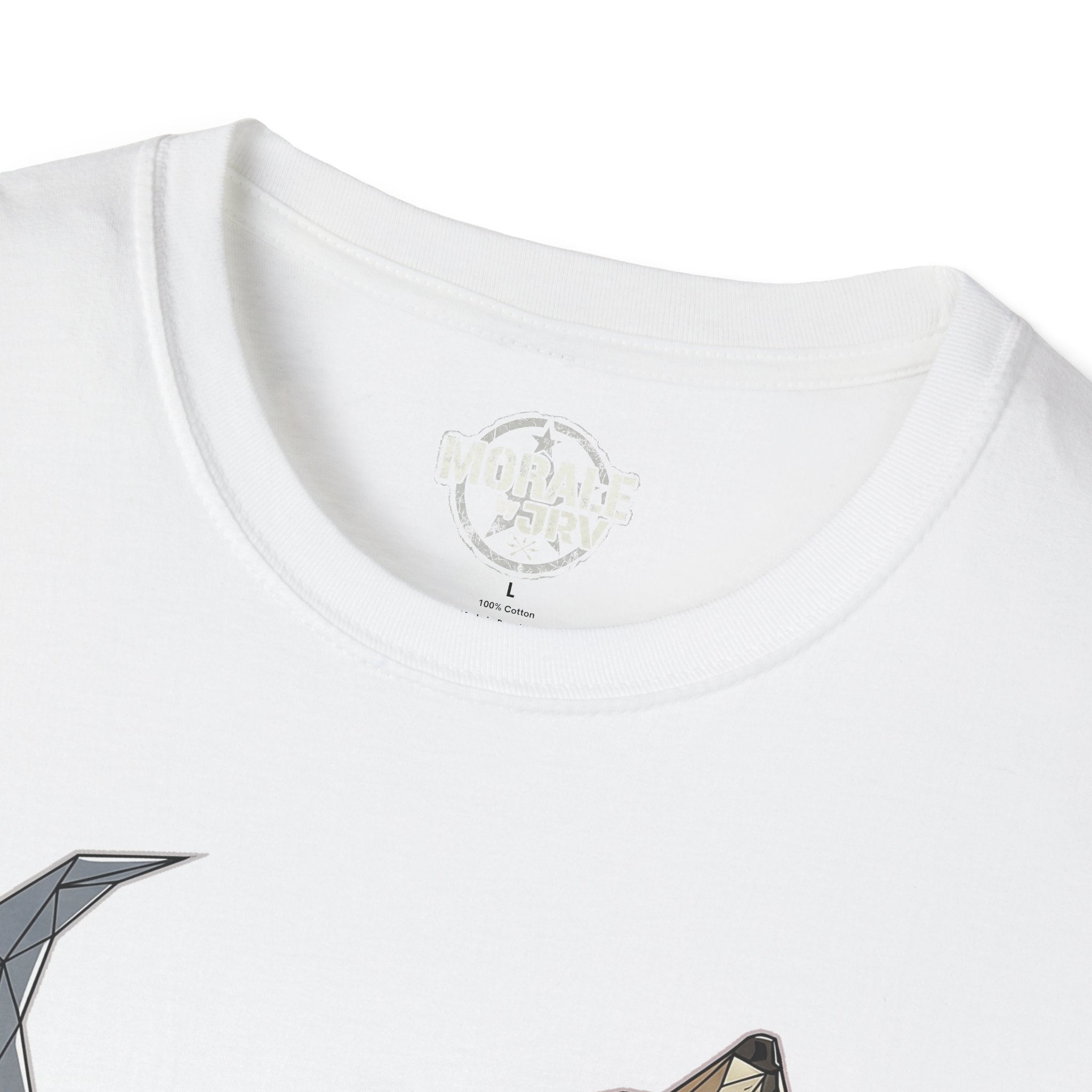 Lone Wolf T-shirt, white crew neck label area with circular logo
