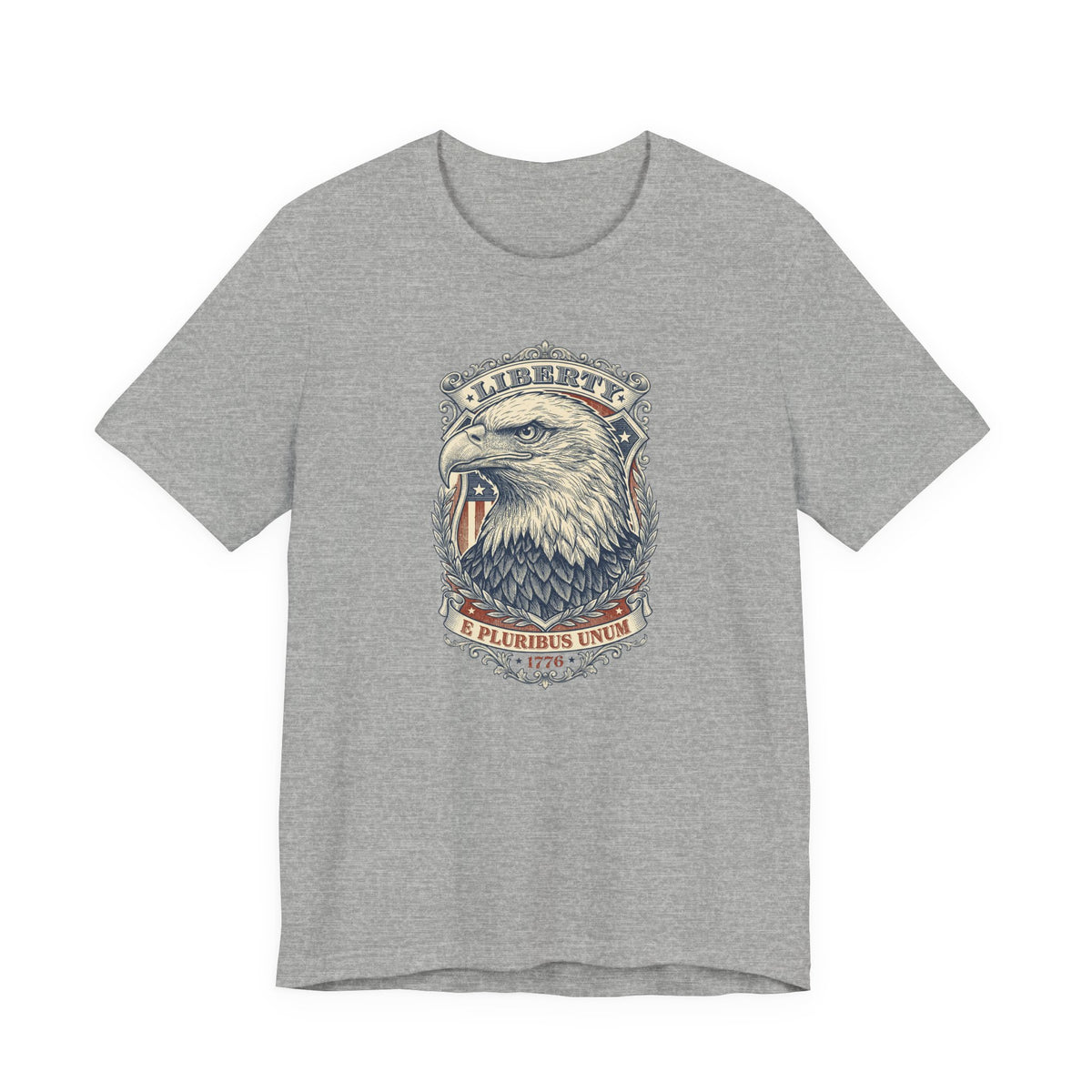 Dark grey T-shirt with bald eagle head and patriotic banner graphic, “E Pluribus Unum”
