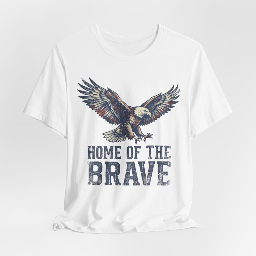 White T-shirt with flying bald eagle graphic and 'HOME OF THE BRAVE' print