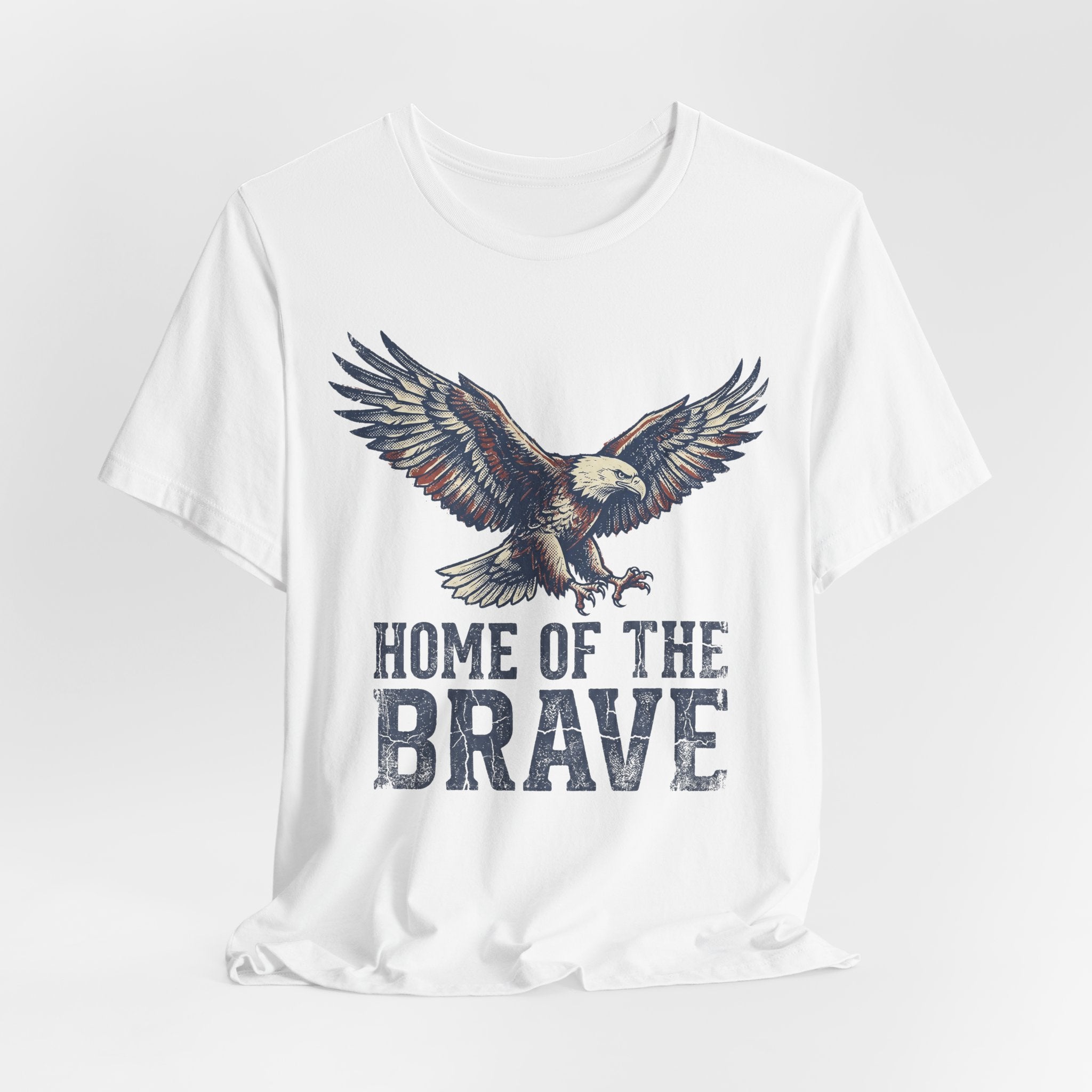 White T-shirt with flying bald eagle graphic and 'HOME OF THE BRAVE' print