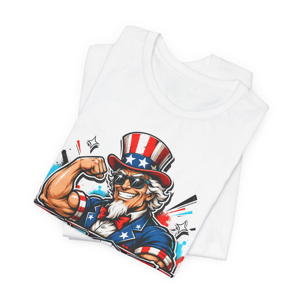 Men's white graphic T-shirt with Uncle Sam fist pose and USA patriotic print