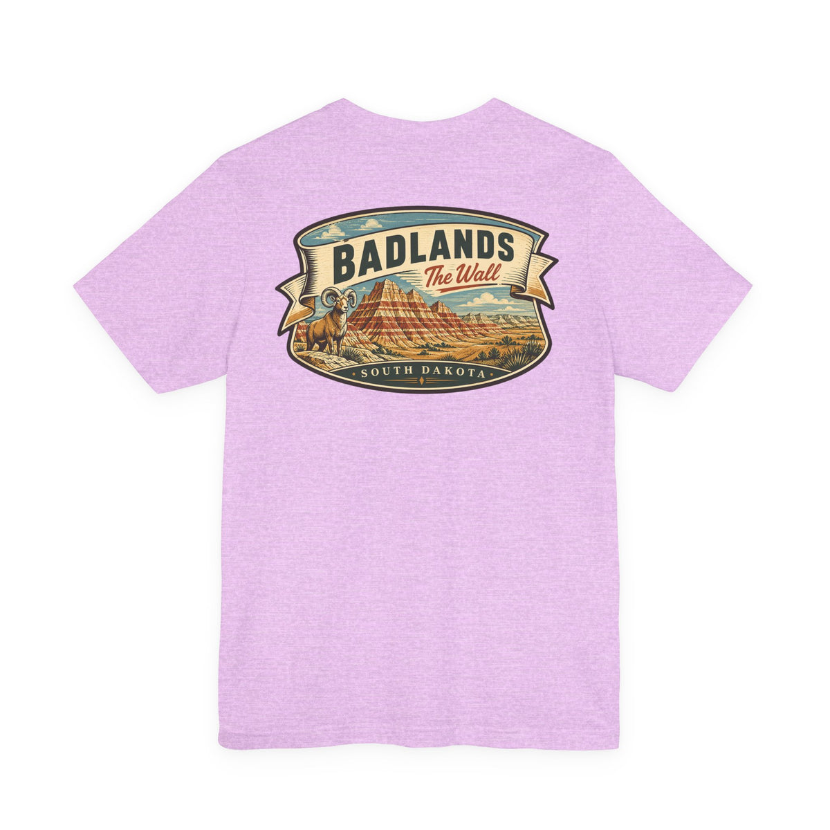 Lavender crewneck graphic t-shirt with large Badlands “The Wall” emblem on chest