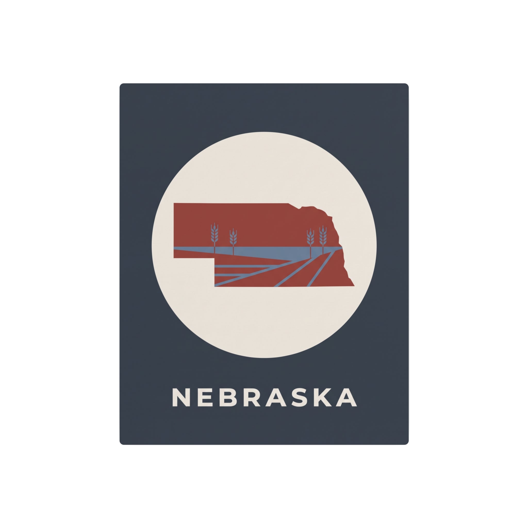 Nebraska state metal wall art sign, dark background with circular farm graphic and “NEBRASKA”