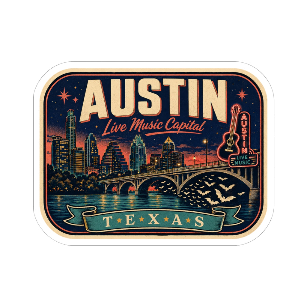 Austin luggage tag sticker, dark blue skyline graphic with “Live Music Capital” and “Texas”