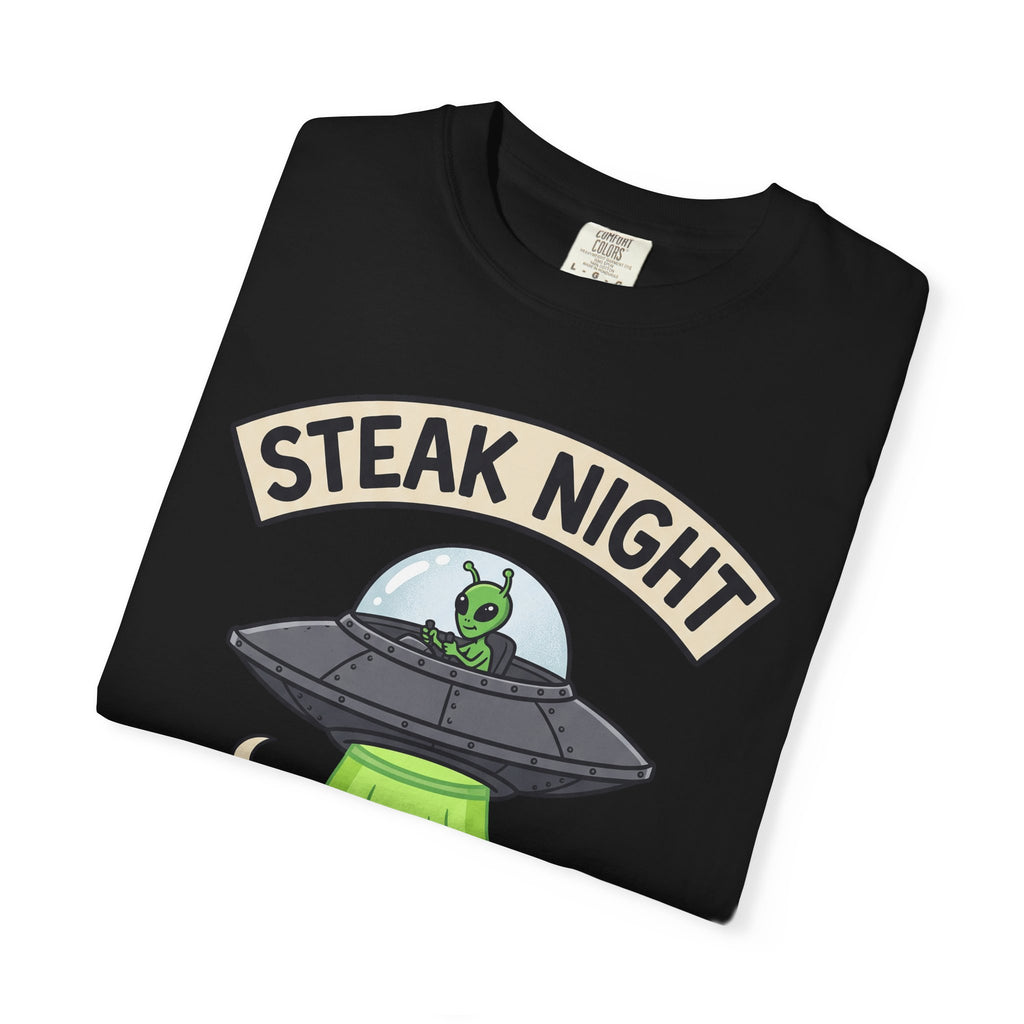 Black short-sleeve T-shirt with 'STEAK NIGHT' UFO and alien graphic
