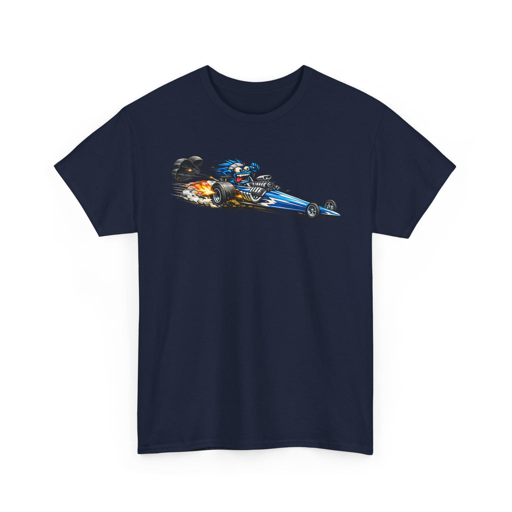 Unisex navy graphic tee with flaming dragster car print