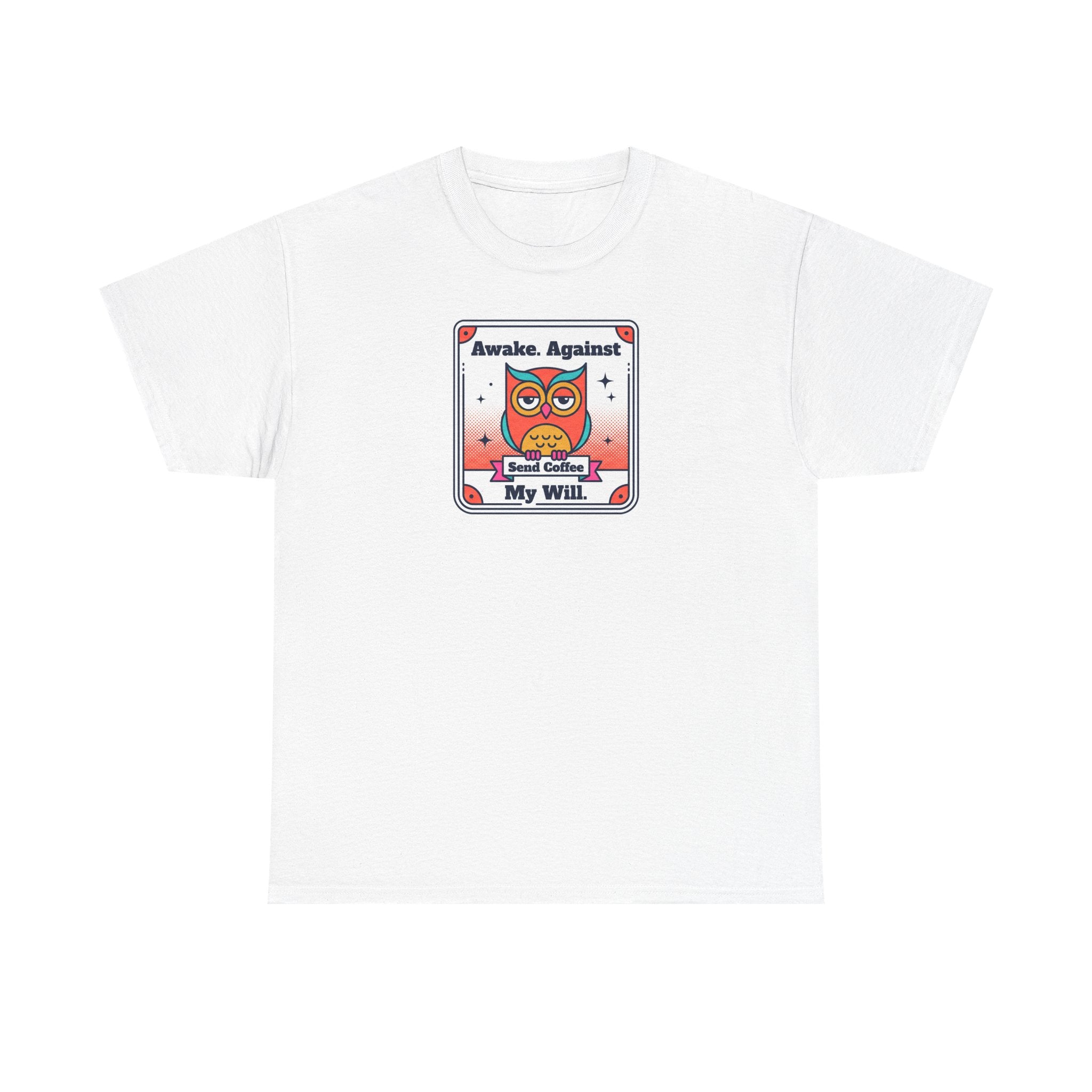 White T-shirt with square graphic print at chest.