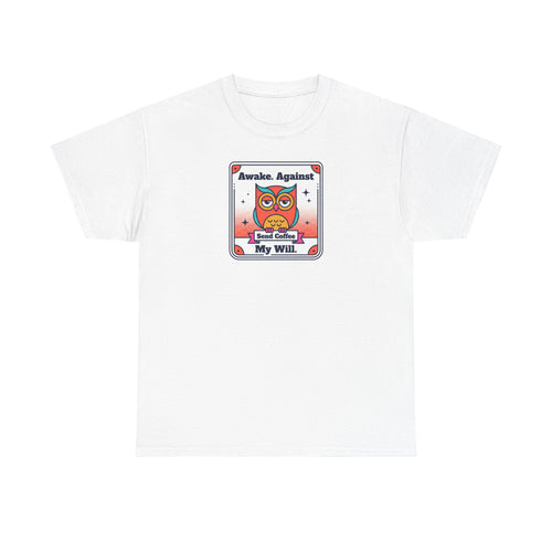 White T-shirt with square graphic print at chest.