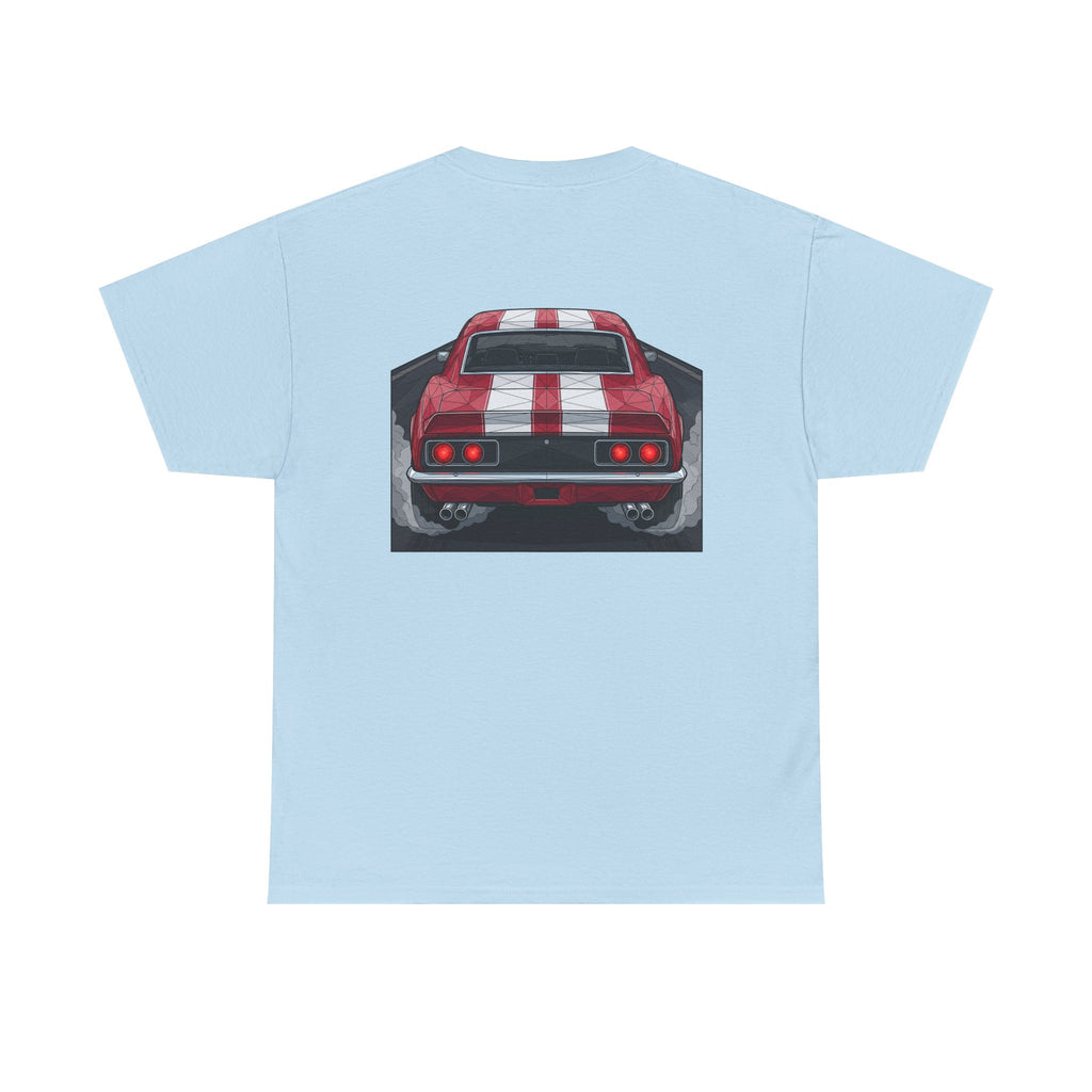 Light blue T-shirt with vintage rear red muscle car graphic on the chest