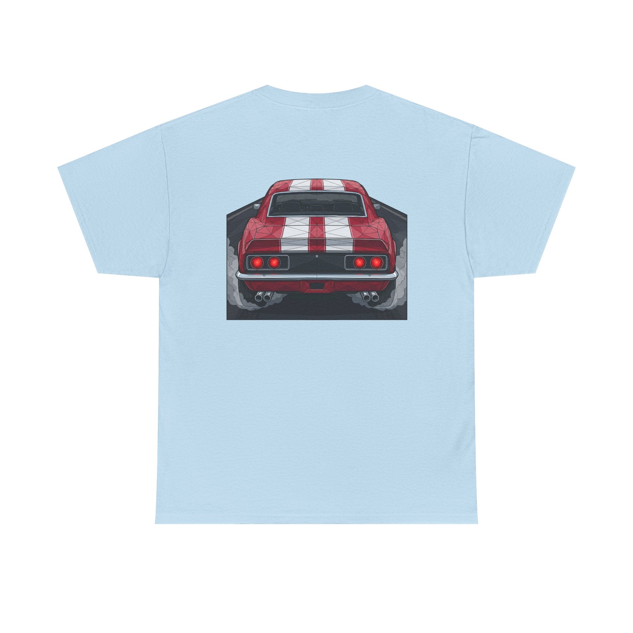 Light blue T-shirt with vintage rear red muscle car graphic on the chest