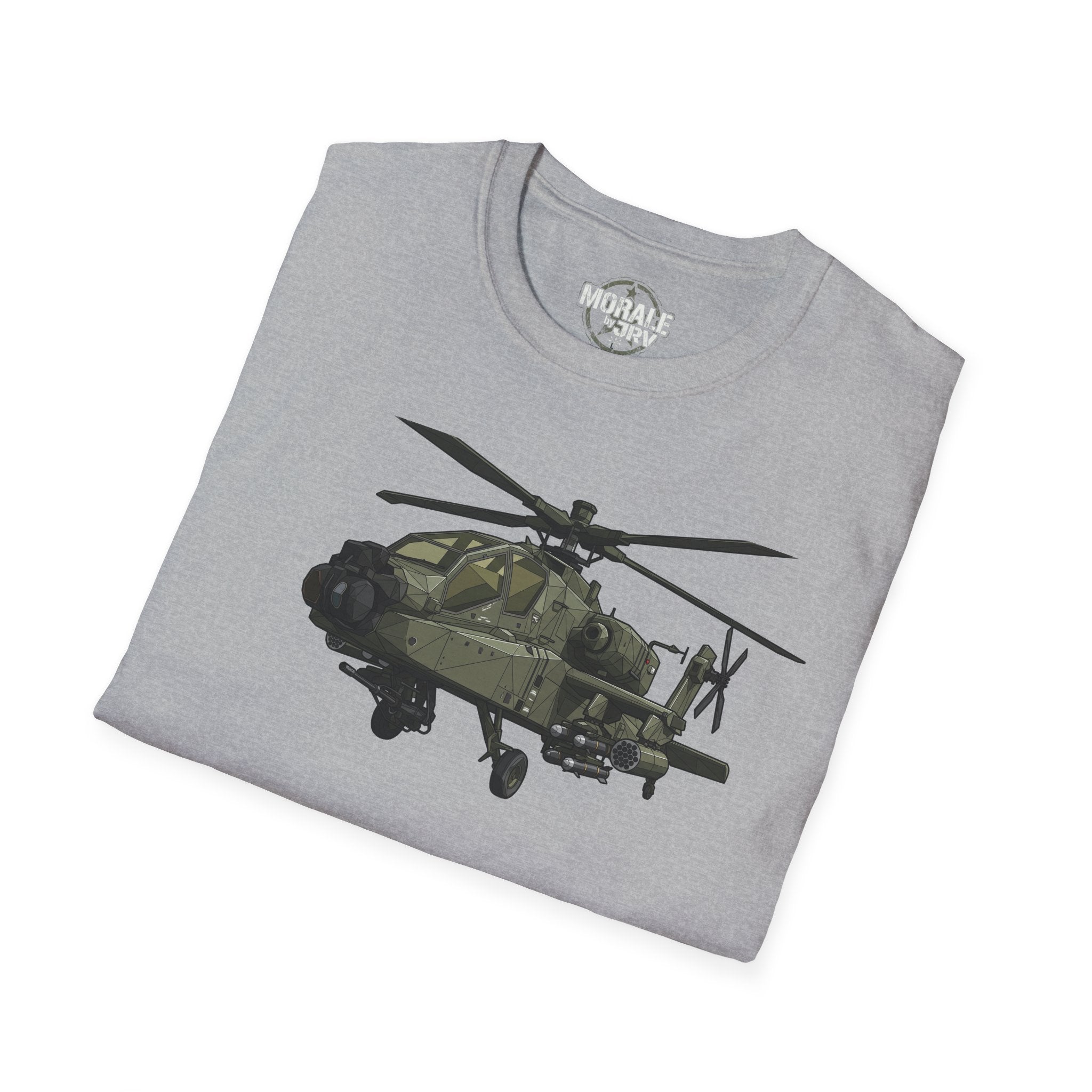 AH-64 Apache T-shirt sport grey heather, folded front with helicopter graphic
