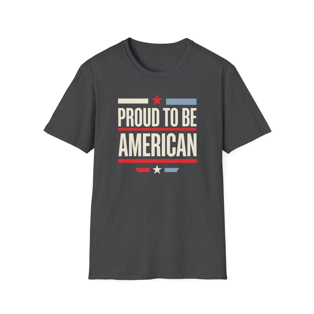 Charcoal T-shirt with "Proud To Be American" stars and stripes graphic