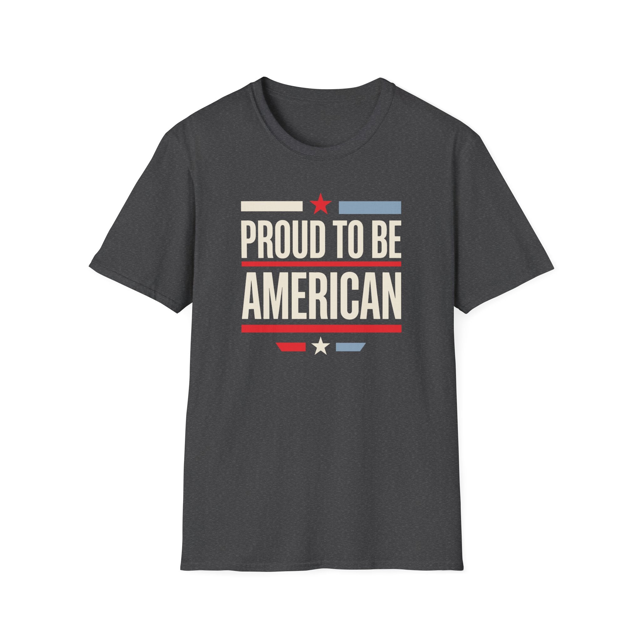 Charcoal T-shirt with "Proud To Be American" stars and stripes graphic