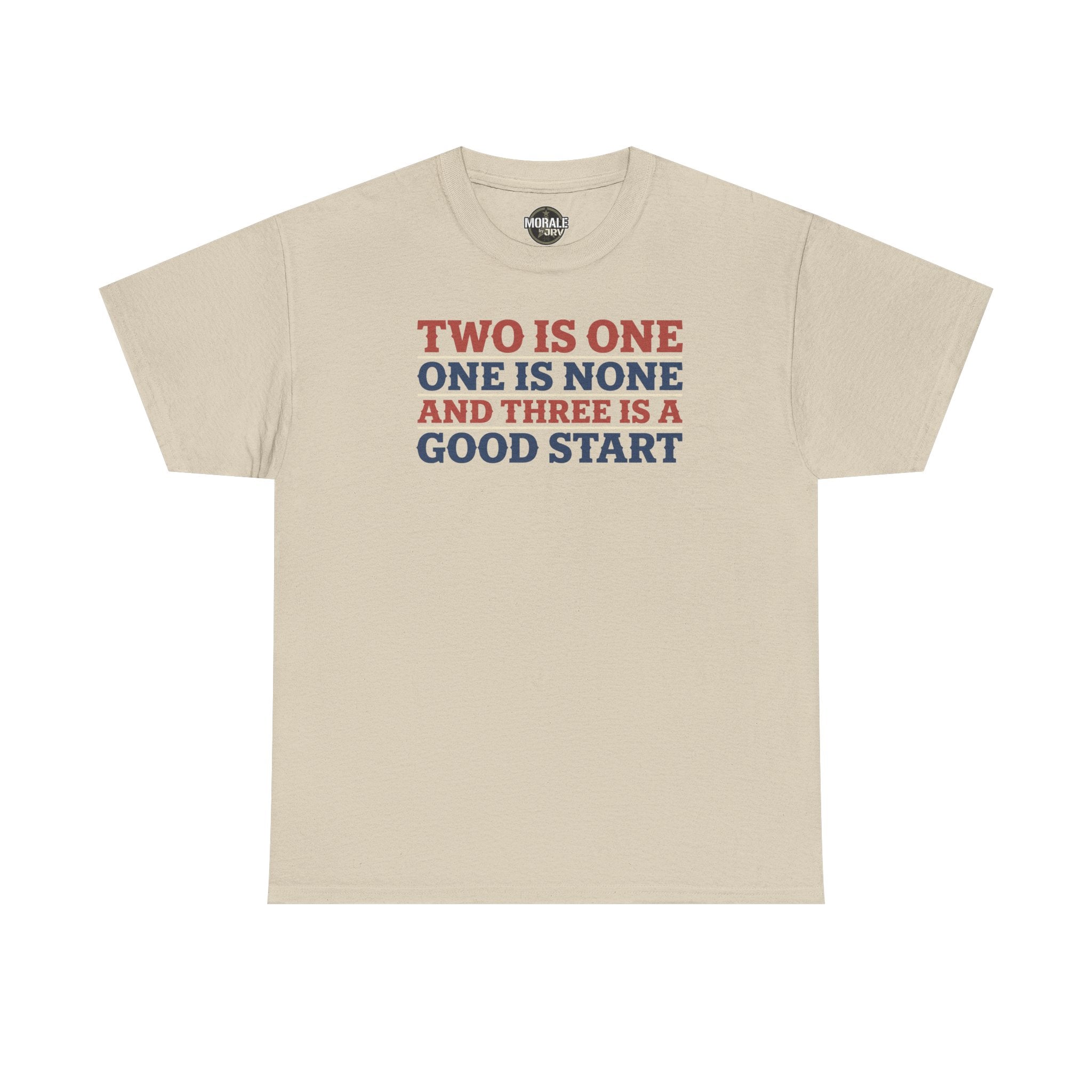 Sand graphic T-shirt with stacked 'Two is One...' slogan