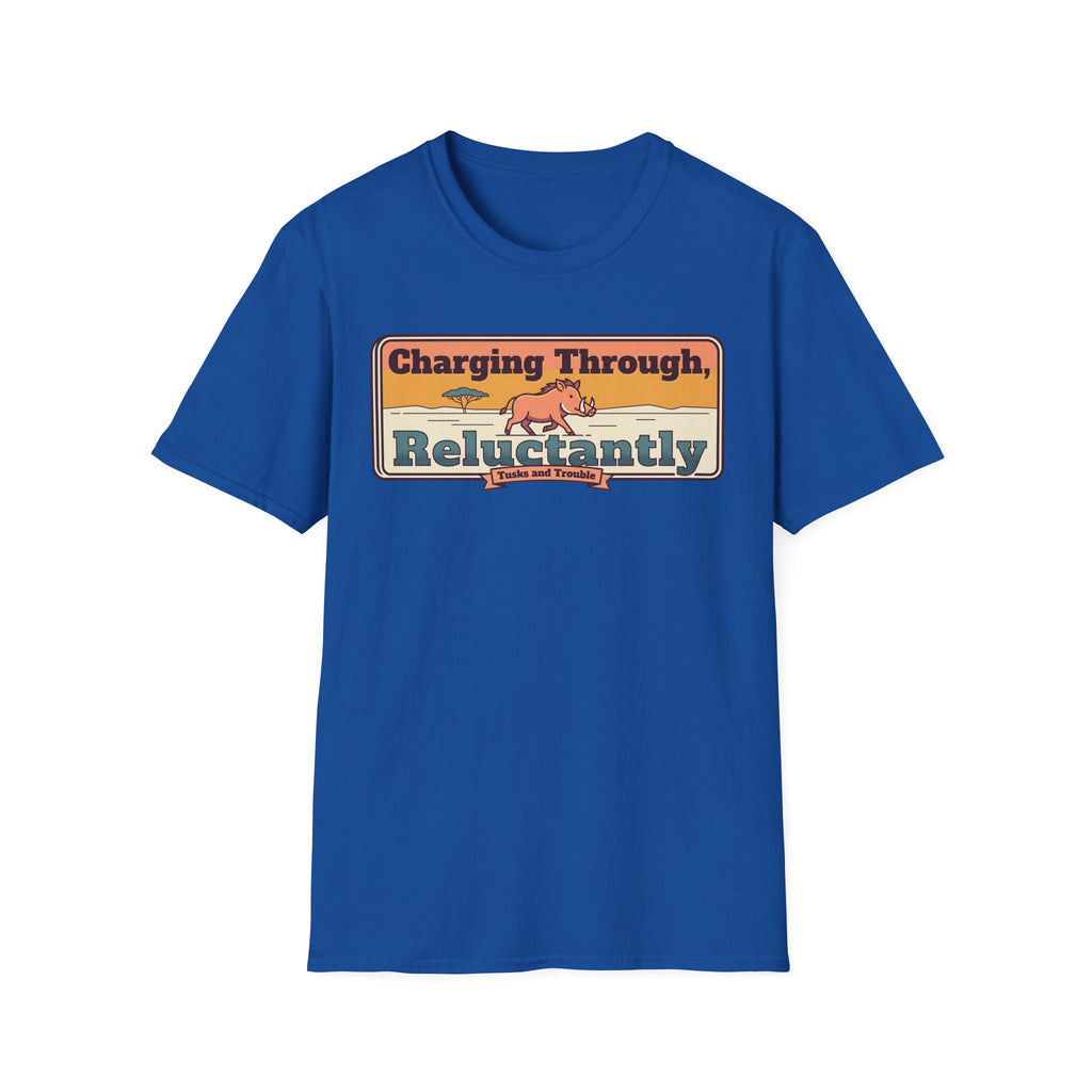 Royal blue graphic crew-neck T-shirt with colorful “Charging Through Reluctantly” print