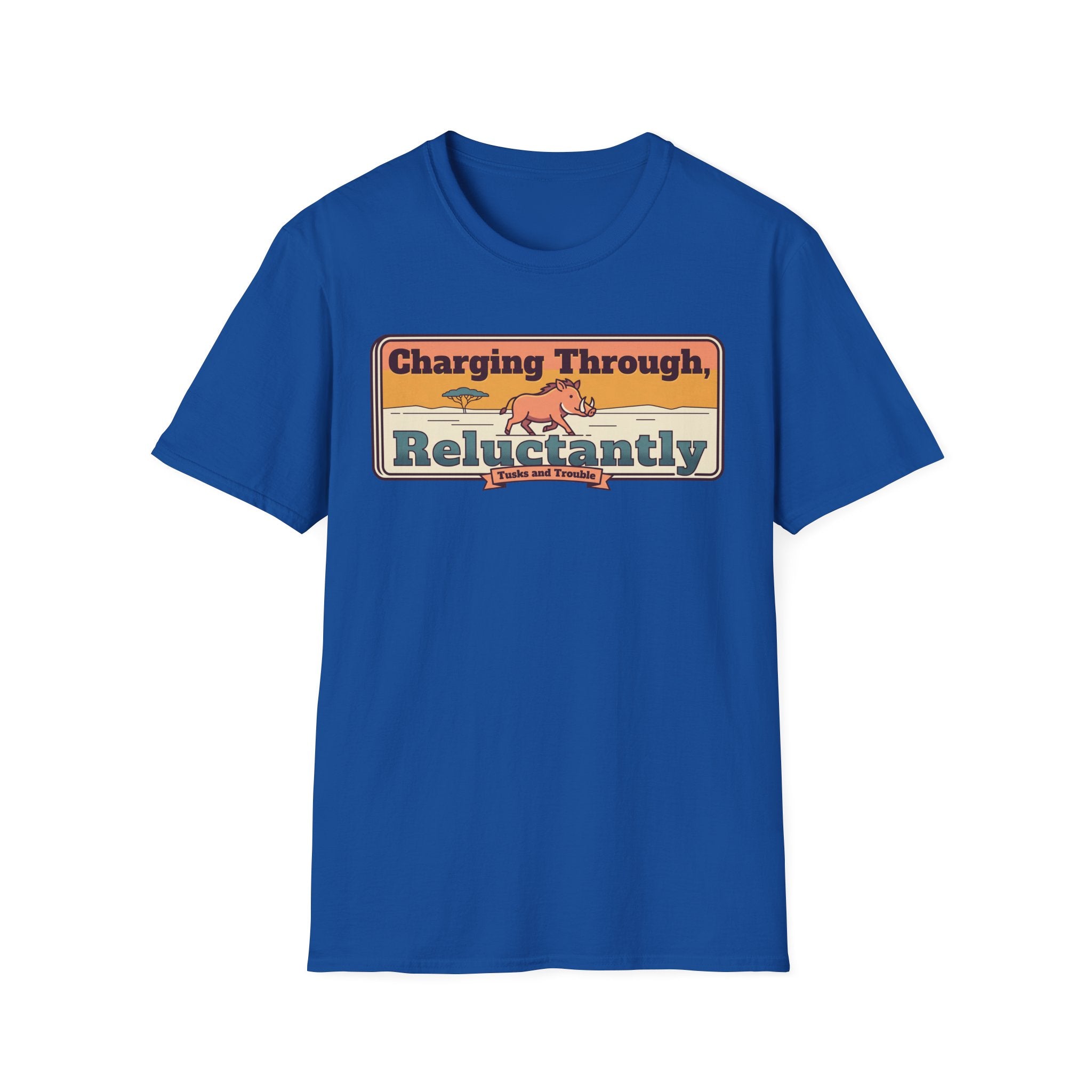 Royal blue graphic crew-neck T-shirt with colorful “Charging Through Reluctantly” print