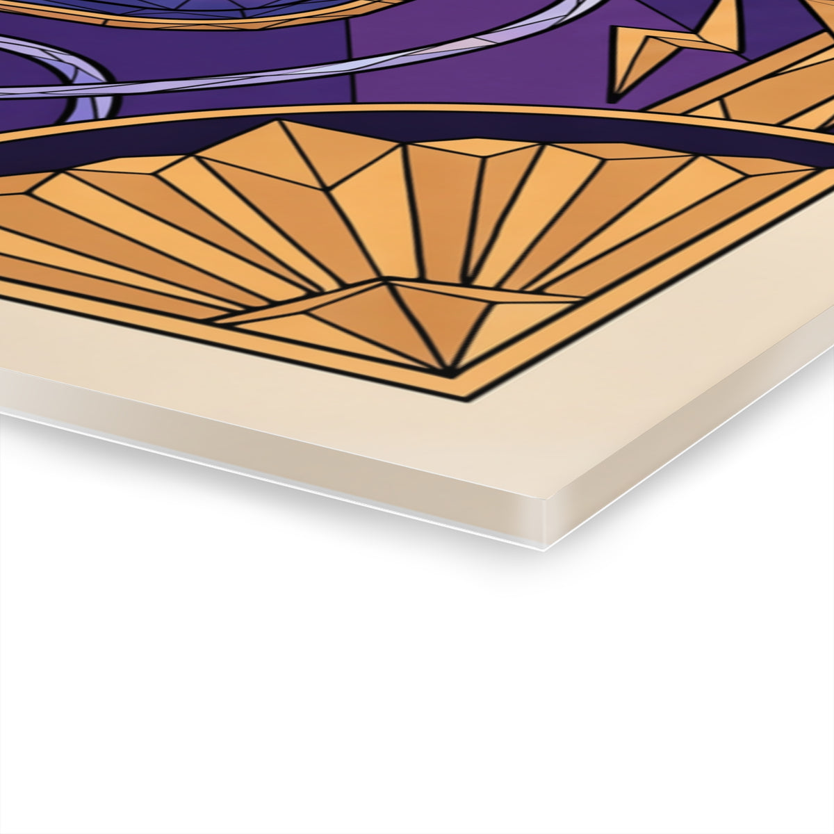 Close-up of acrylic glass wall art edge with orange fan-like geometry and purple lining