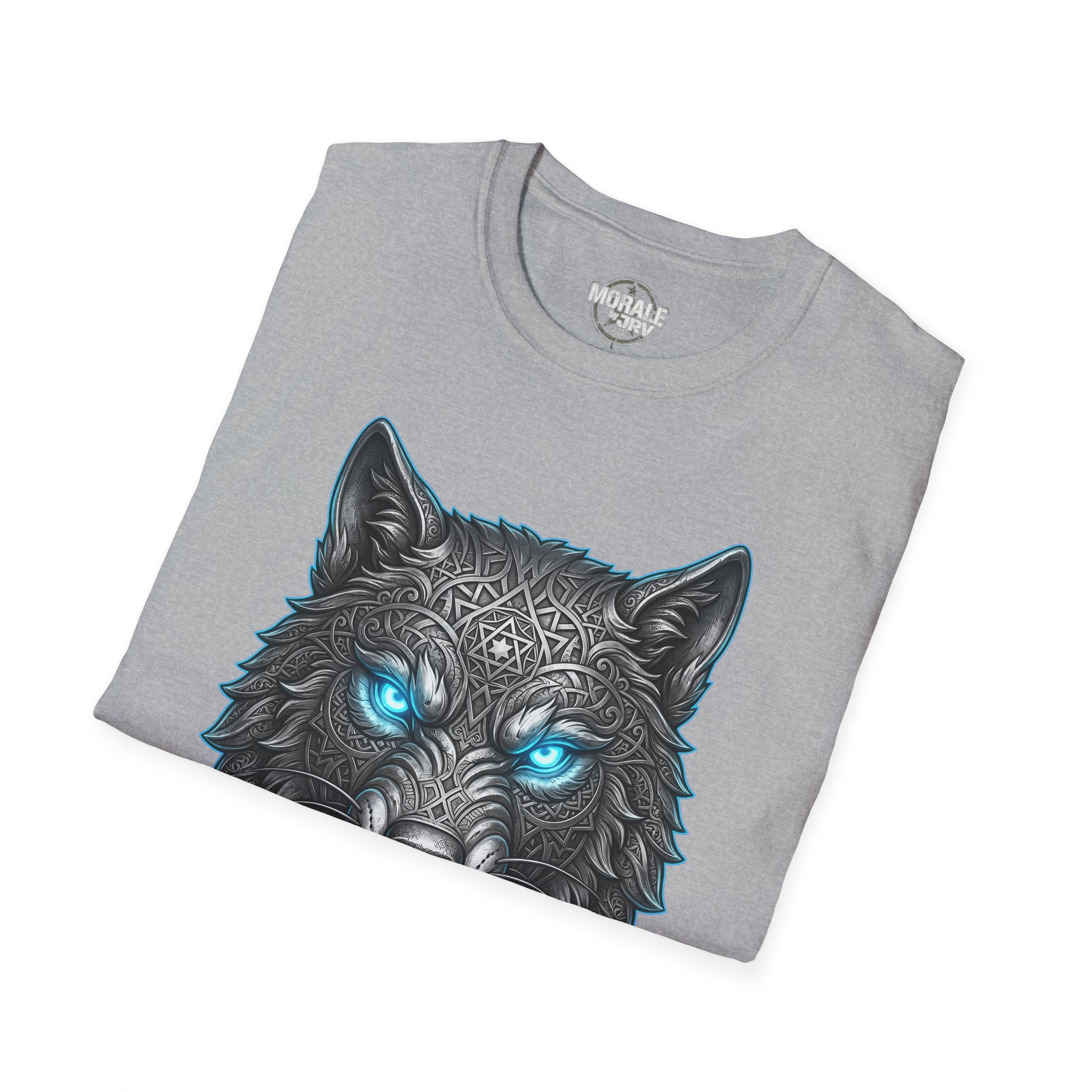 Sport Grey wolf head T-shirt with glowing blue eyes and ornate design