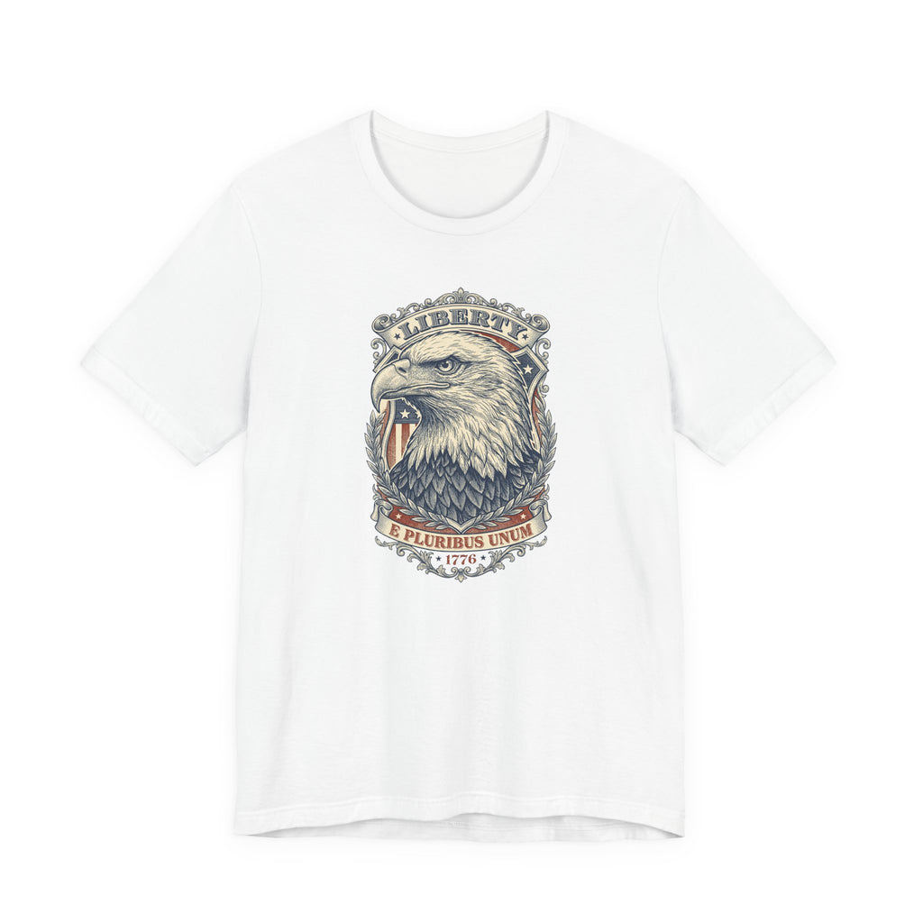 Eagle graphic tee in white with Liberty badge and bald eagle head print