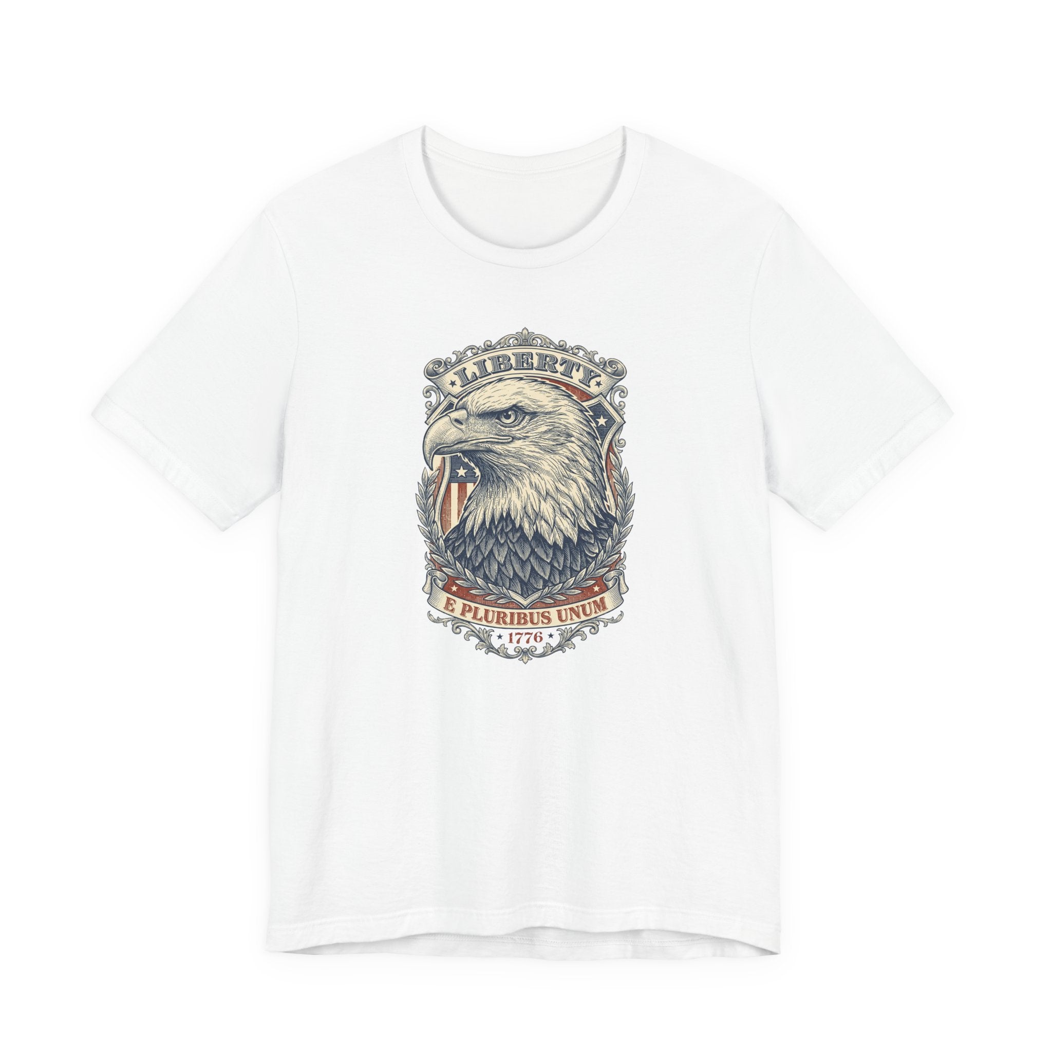 Eagle graphic tee in white with Liberty badge and bald eagle head print