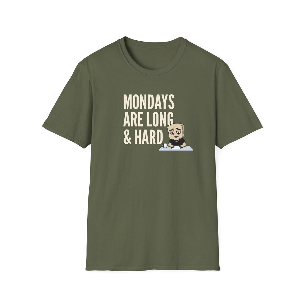 Olive green T-shirt with “MONDAYS ARE LONG & HARD” graphic and cartoon coffee mug