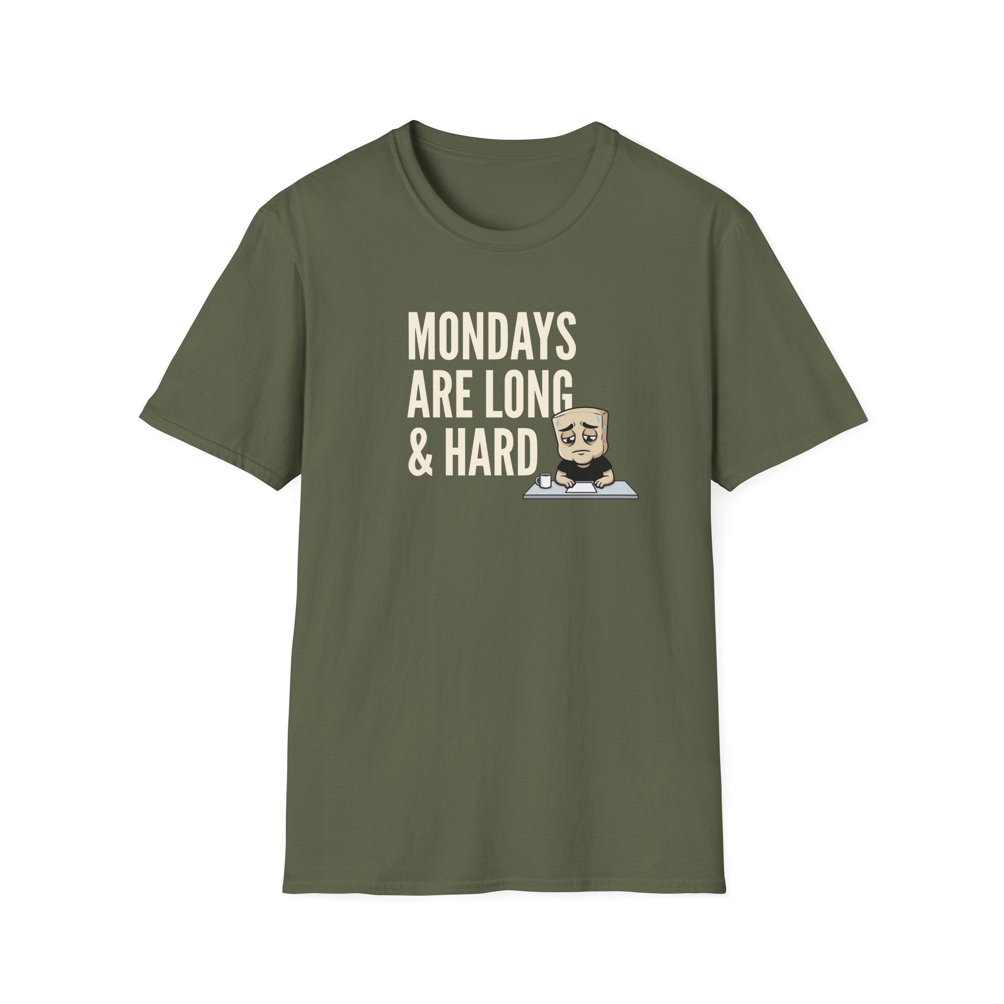 Olive green T-shirt with “MONDAYS ARE LONG & HARD” graphic and cartoon coffee mug