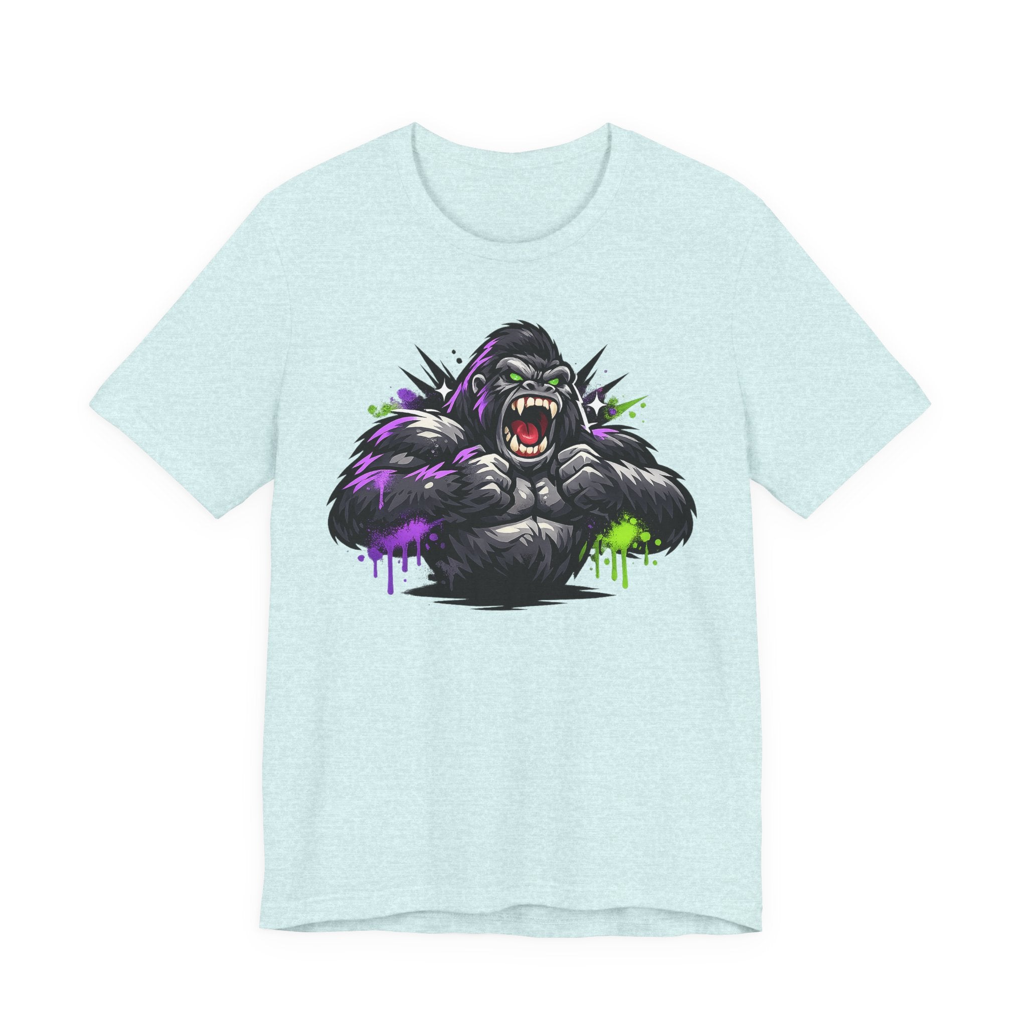 Light blue graphic gorilla tee with roaring ape illustration and purple/green neon paint drips
