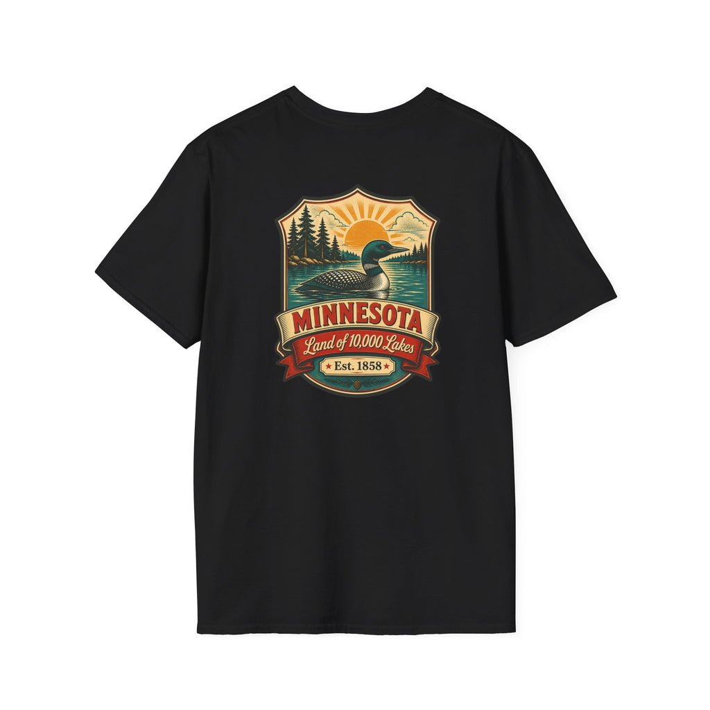 Black T-shirt with Minnesota retro lake badge graphic at chest