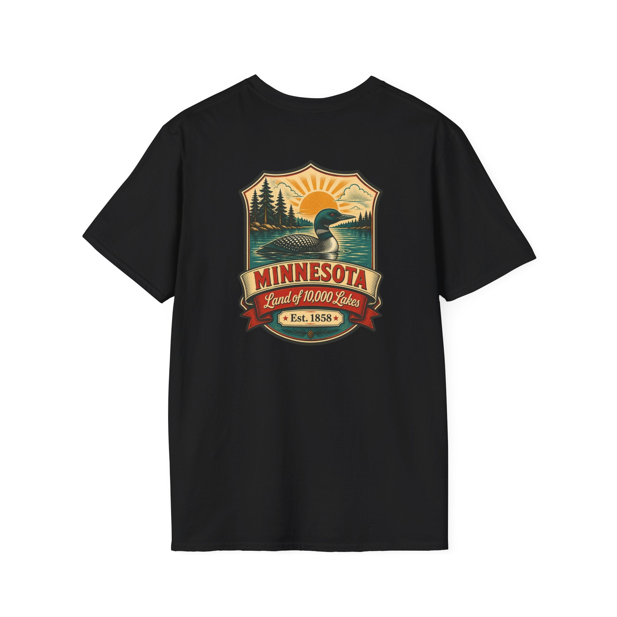 Black T-shirt with Minnesota retro lake badge graphic at chest