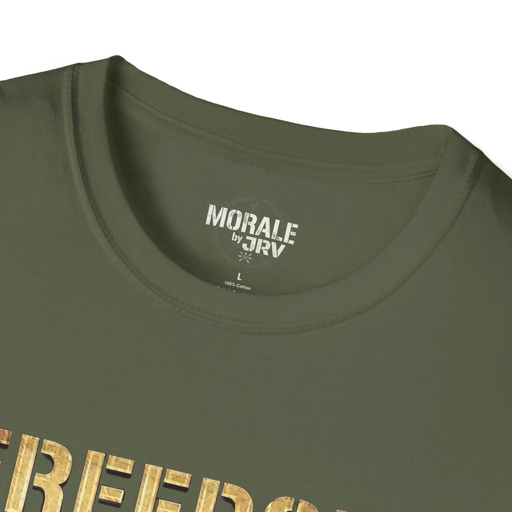 Military green crew-neck T-shirt with “Morale by JTR” neck label
