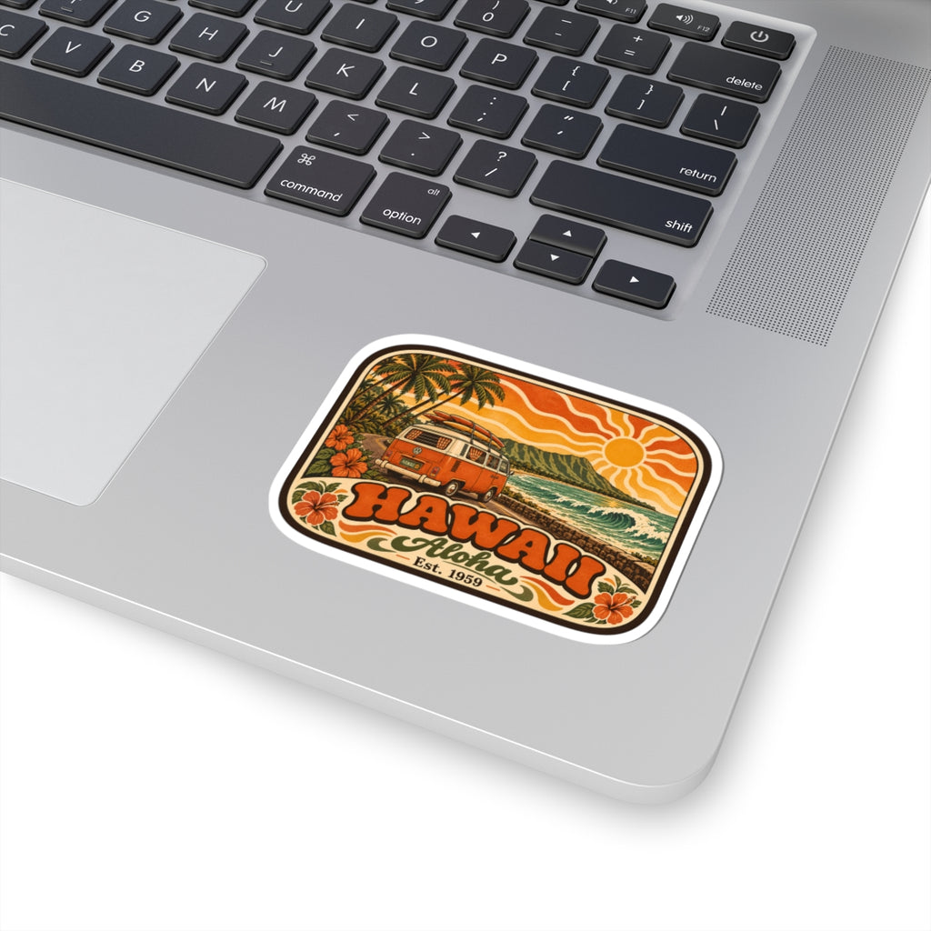 Small rectangular kiss-cut sticker with vintage camper van and Hawaii Aloha Est. 1959 artwork