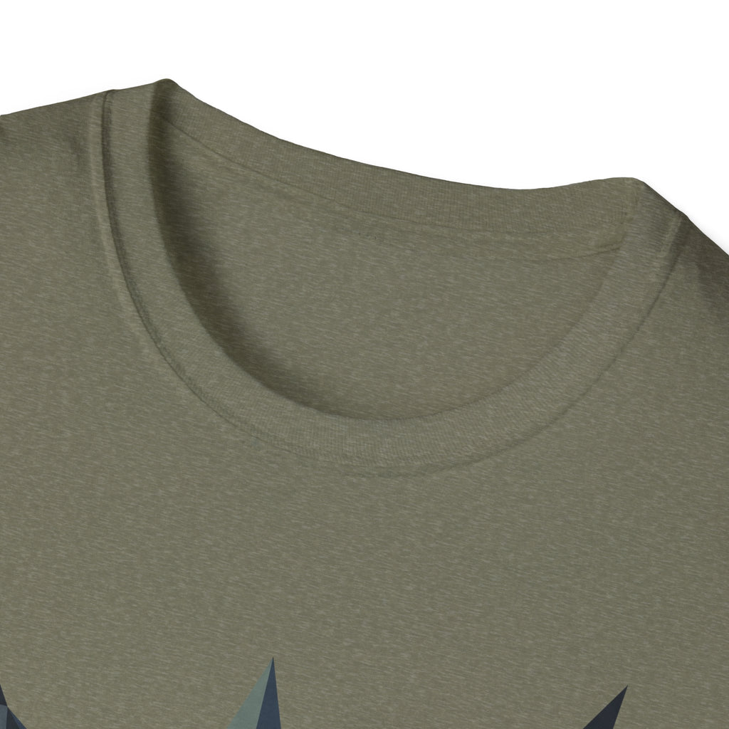 Olive green crew-neck t-shirt neckline close-up with partial graphic at bottom
