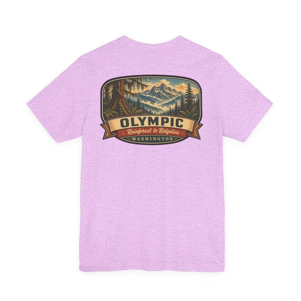 Lavender crew-neck T-shirt with centered mountain badge graphic and banner text