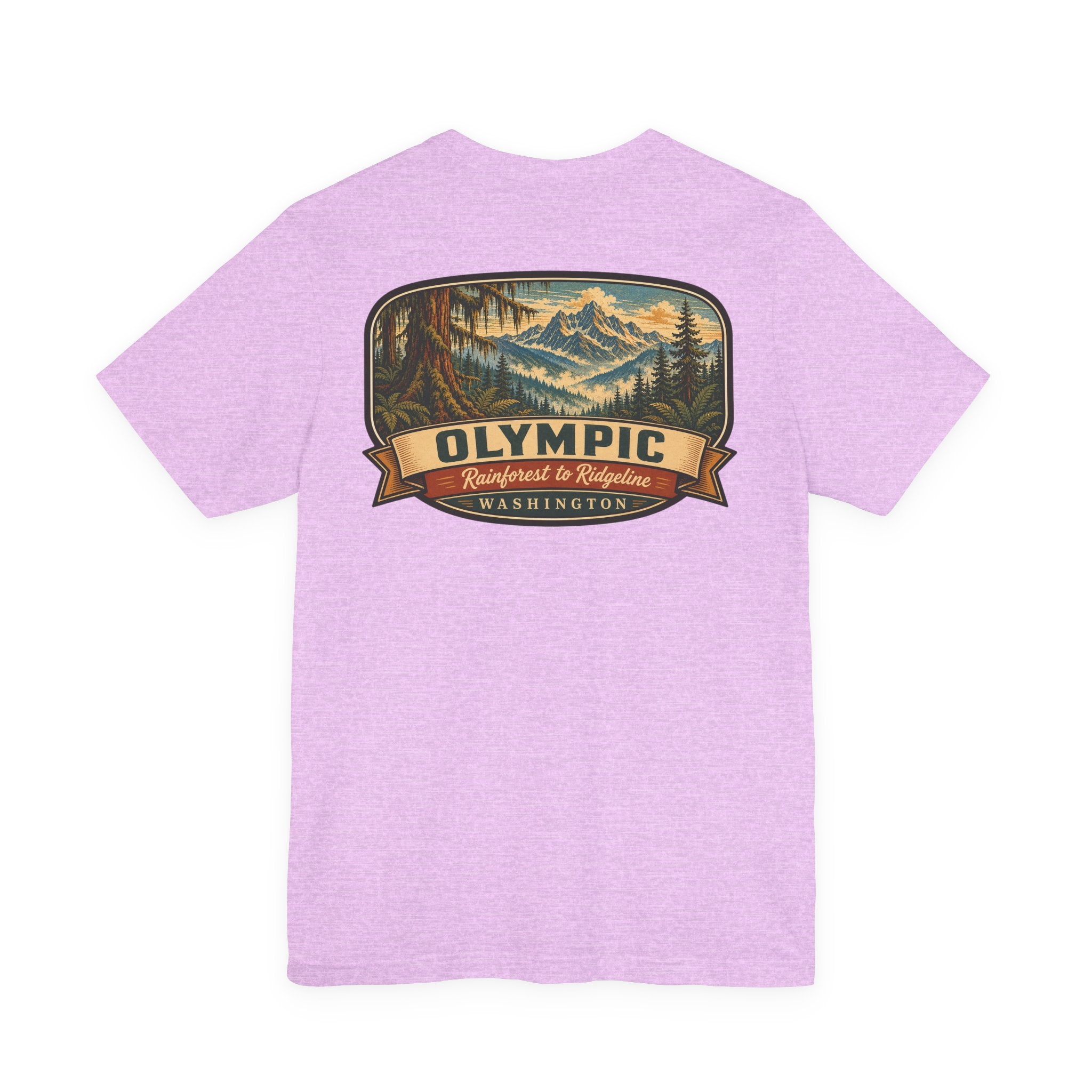 Lavender crew-neck T-shirt with centered mountain badge graphic and banner text