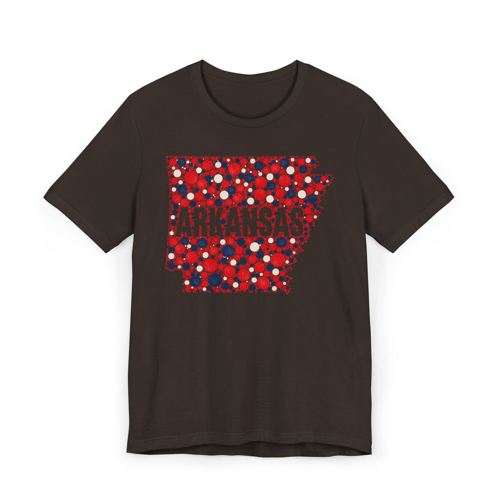 Dark brown T-shirt with Arkansas outline graphic in red, white, and blue dot pattern