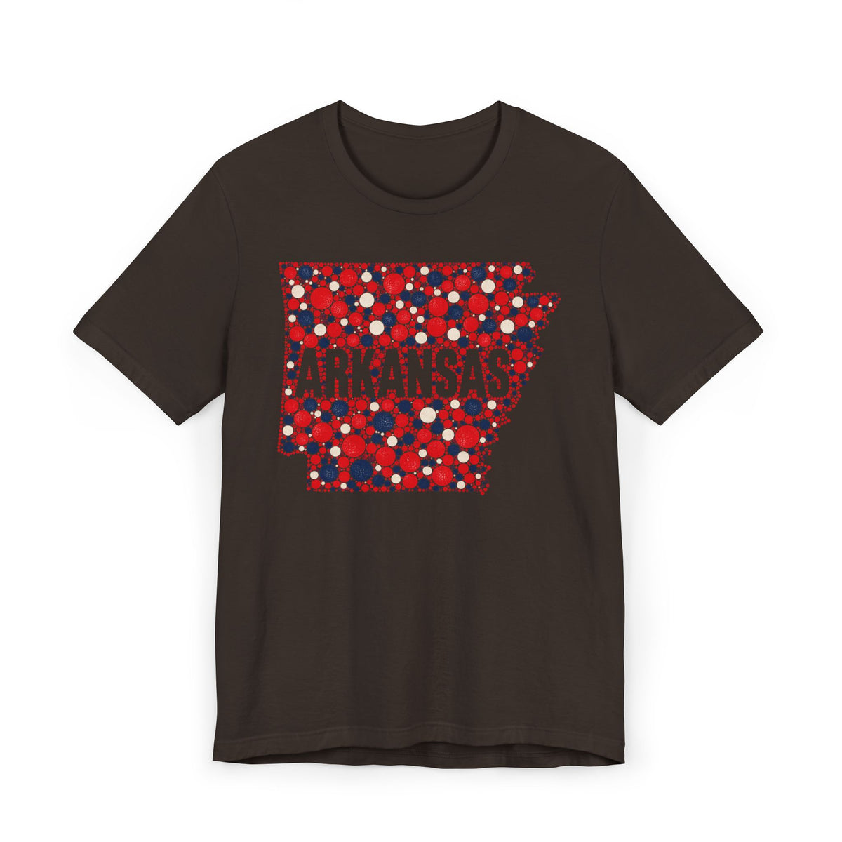Dark brown T-shirt with Arkansas outline graphic in red, white, and blue dot pattern