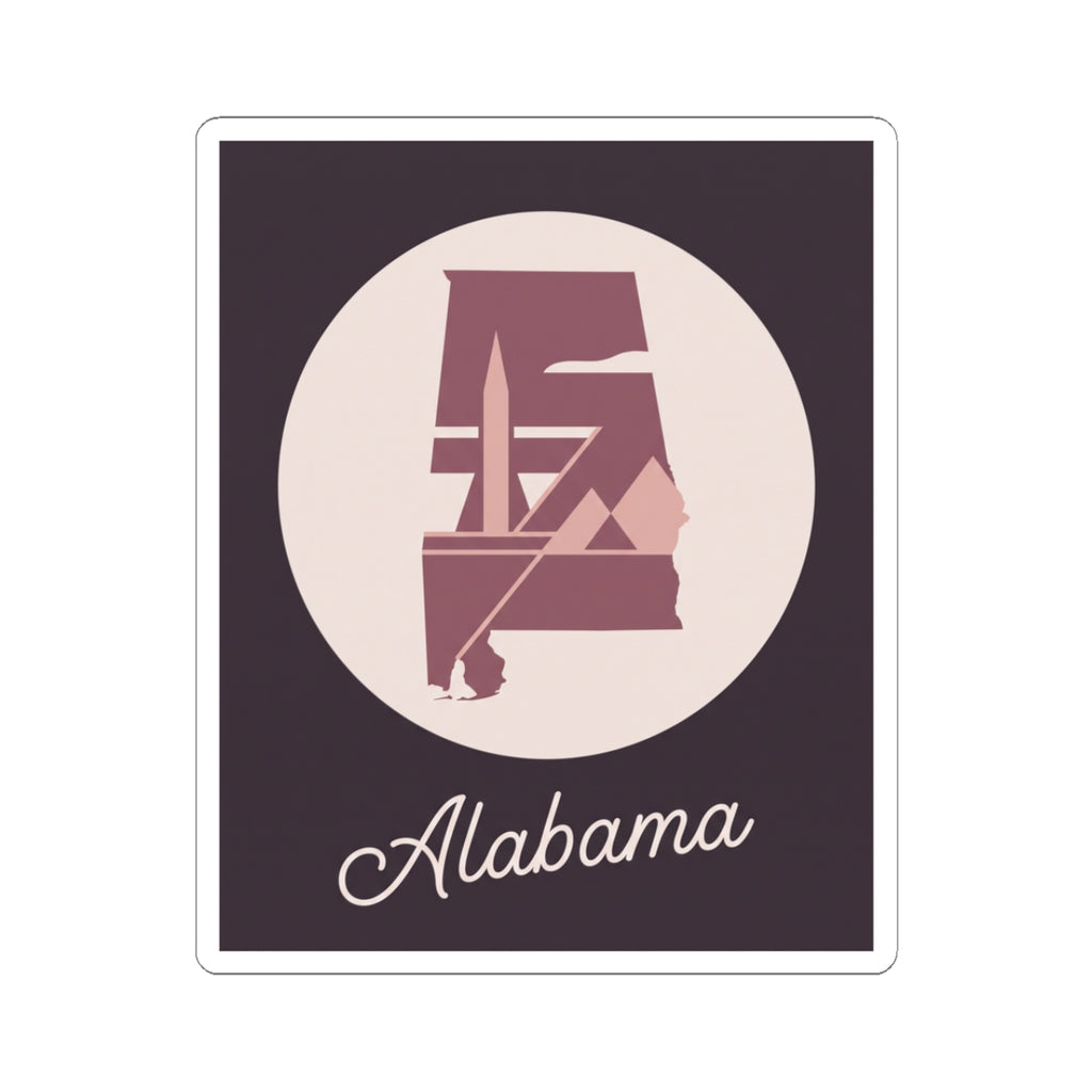 Mauve Alabama silhouette kiss-cut vinyl decal with 'Alabama' script on dark rectangle