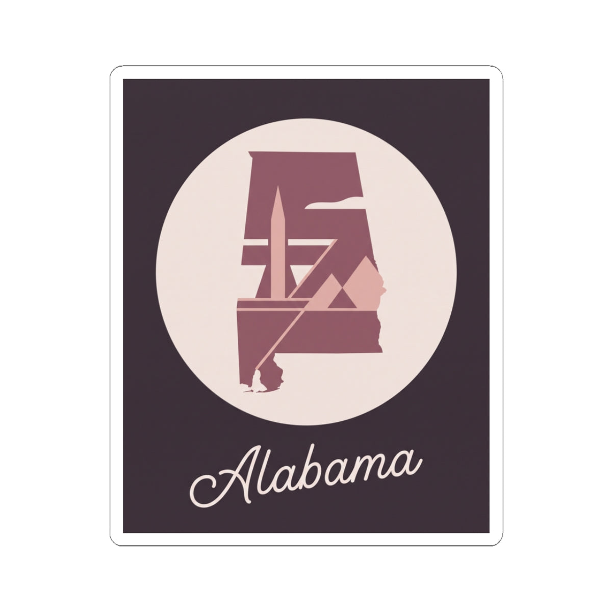 Mauve Alabama silhouette kiss-cut vinyl decal with 'Alabama' script on dark rectangle
