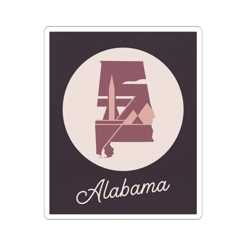 Mauve Alabama silhouette kiss-cut vinyl decal with 'Alabama' script on dark rectangle