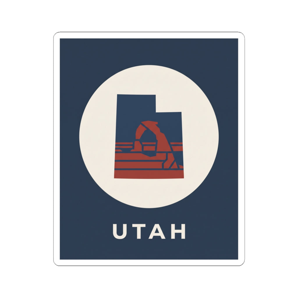 Navy blue Utah arch kiss-cut sticker with white circle, red-and-blue arch emblem, "UTAH"